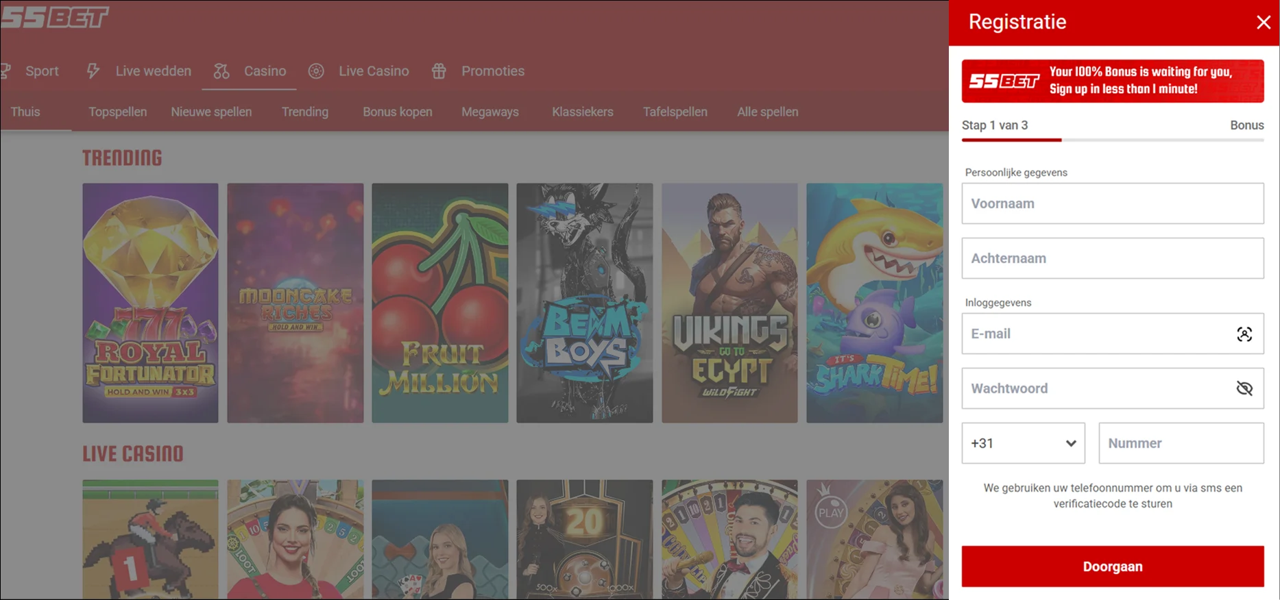 Registratieproces bij 55BetNL Casino